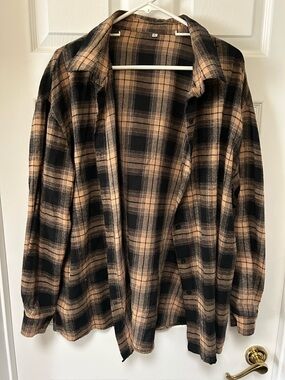 Black and Tan Plaid Button-Up Shirt